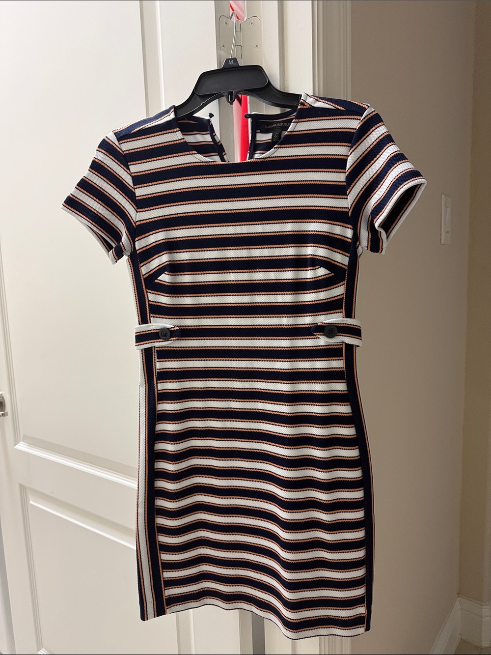 Banana republic Striped Short Sleeve Sheath Dress in Navy, White & Brown